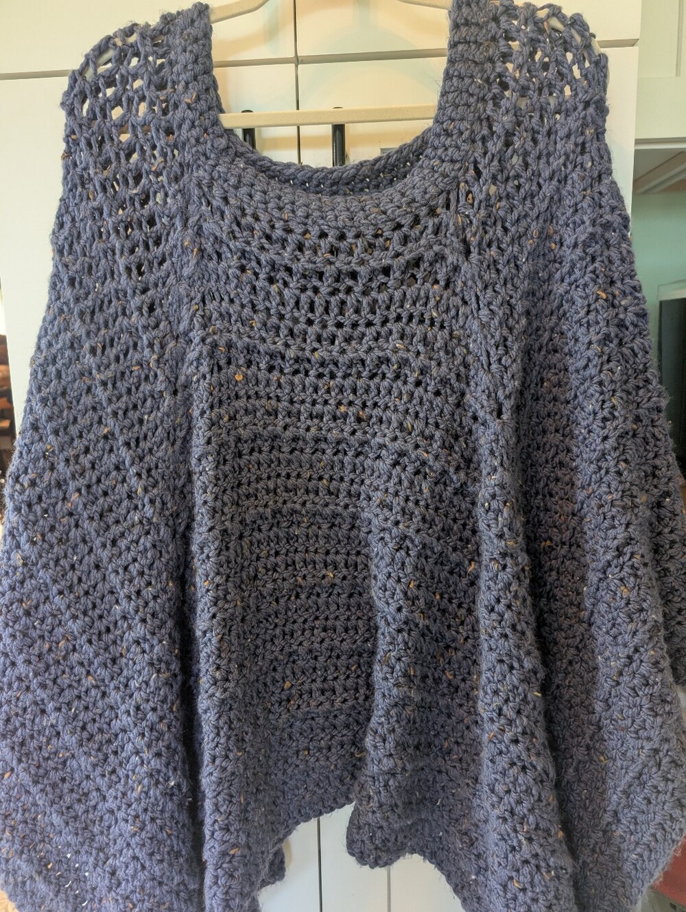 Hand Crocheted Indigo Blue Chunky Poncho Oversized Boho Layering Wrap- OS
